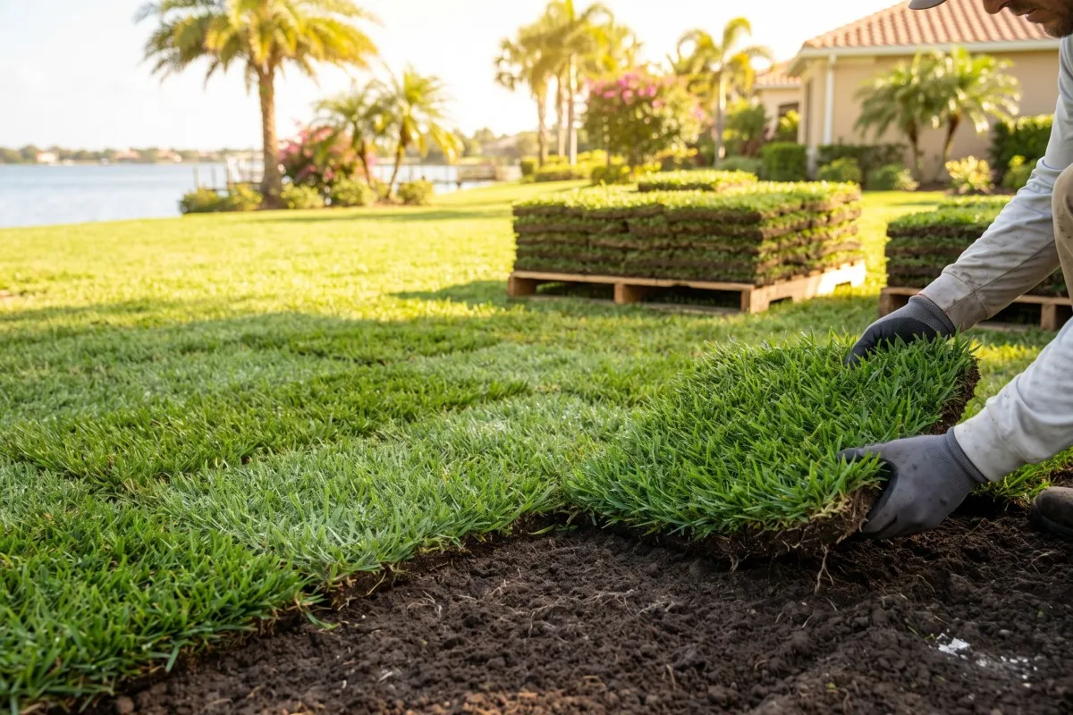 Squares of fresh-cut zoysia sod stacked on a pallet before a Tampa Bay install
