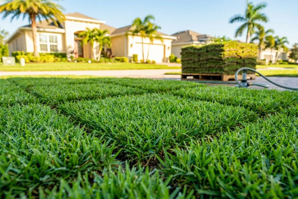 Freshly installed St. Augustine sod on a Tampa Bay residential lawn