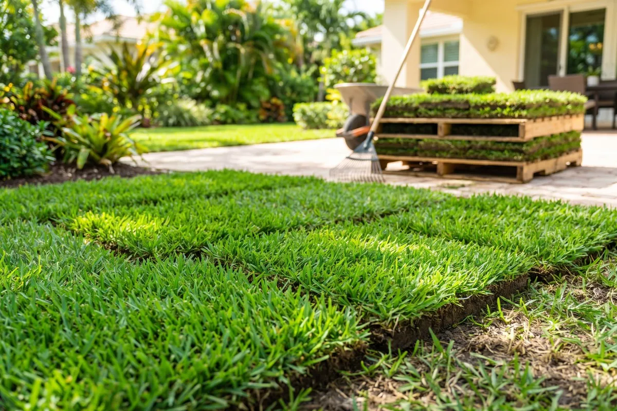 Freshly laid sod squares in a sunny yard, with a rake, spreader, and pallet of turf rolls near a house.