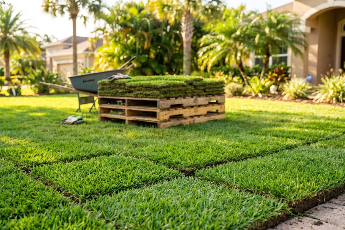 Freshly laid sod squares surround a wooden pallet stacked with grass rolls and a wheelbarrow on a sunny palm-lined lawn.