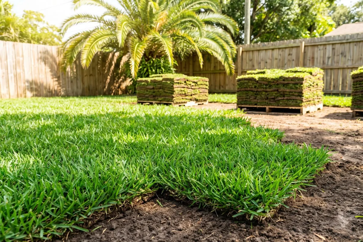 Squares of fresh-cut Bermuda sod stacked on a pallet, ready for a Tampa Bay install