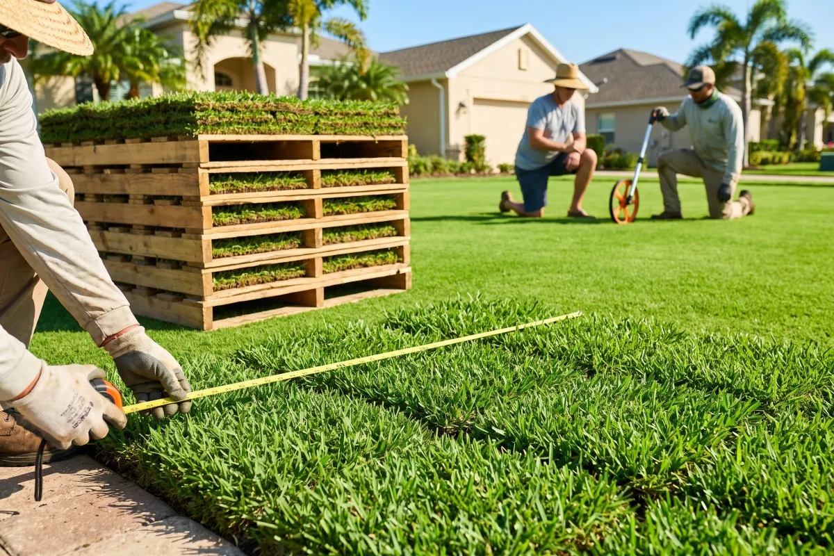 A worker measures fresh sod with a tape beside a stacked pallet while two men use a measuring wheel on the lawn.