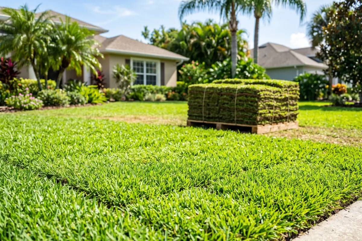 Fresh-cut sand-bottom sod stacked in squares on the pallet
