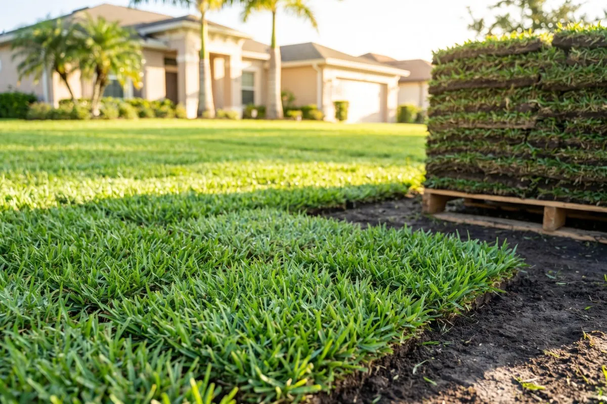 Freshly laid sod meets bare soil beside a stacked pallet of turf rolls, with a palm-lined house behind.