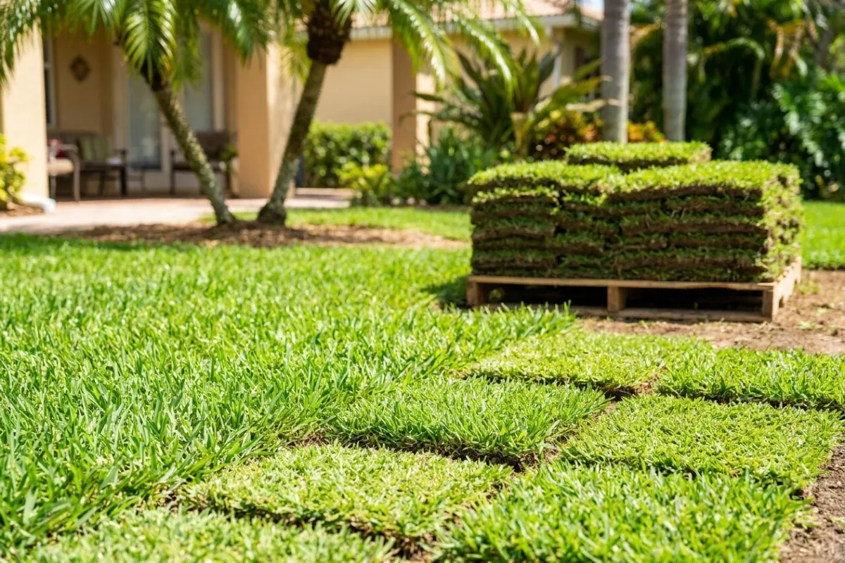 Fresh-cut sand-bottom sod squares stacked on the pallet for a same-day Tampa Bay install