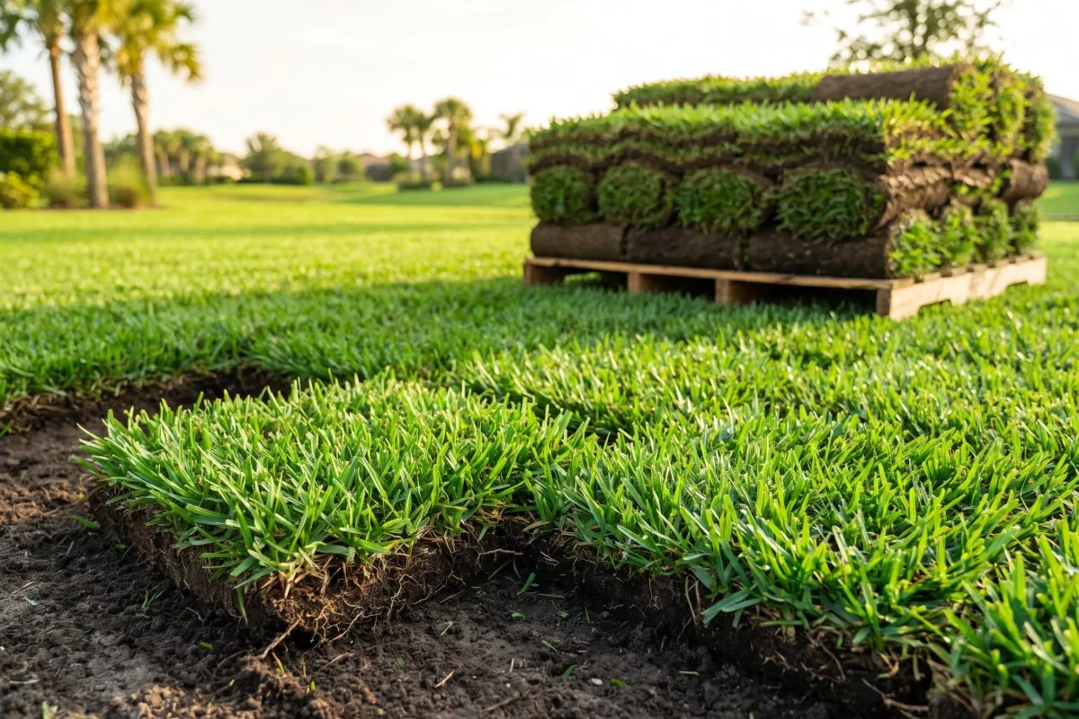 Freshly laid strips of green sod over dark soil, with a wooden pallet of rolled sod and palm trees behind.