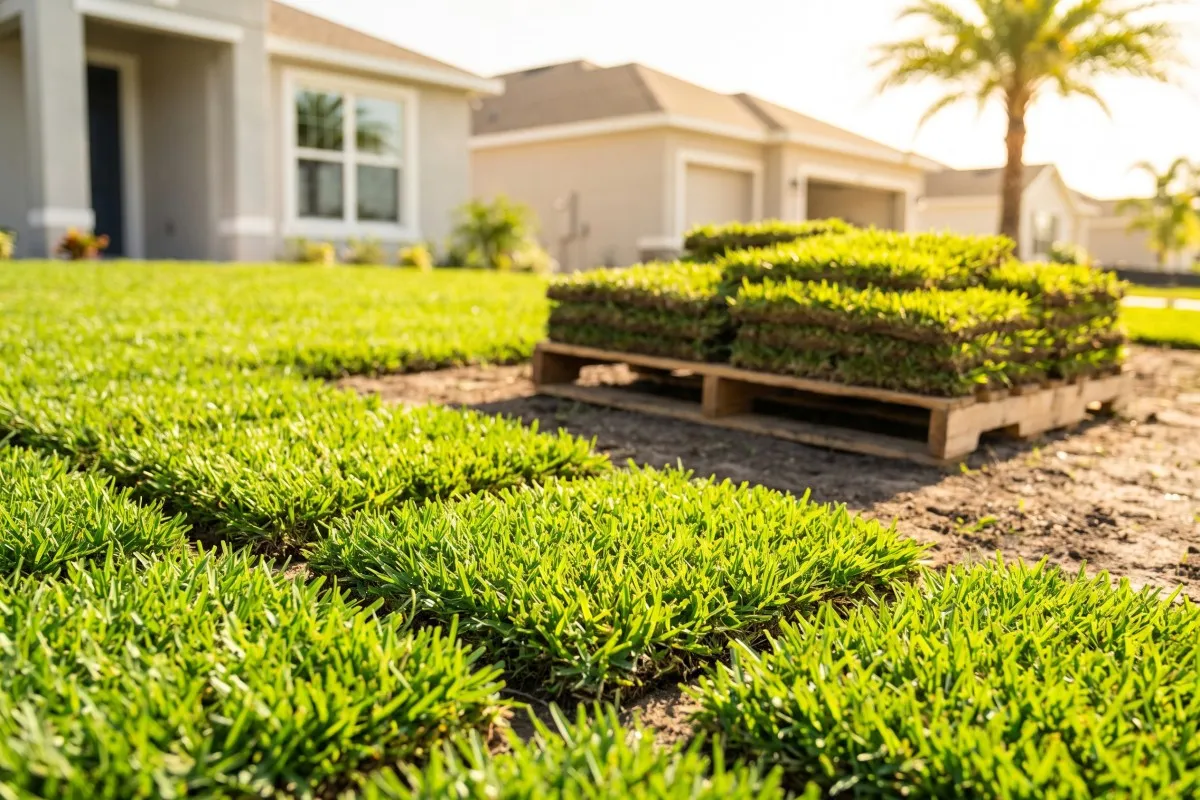 Freshly laid sod squares and a wooden pallet stacked with sod rolls in front of new houses and a palm tree.
