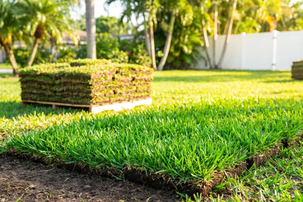 Freshly laid sod strips on bare soil beside a stacked pallet of sod, with palm trees and a white fence behind.