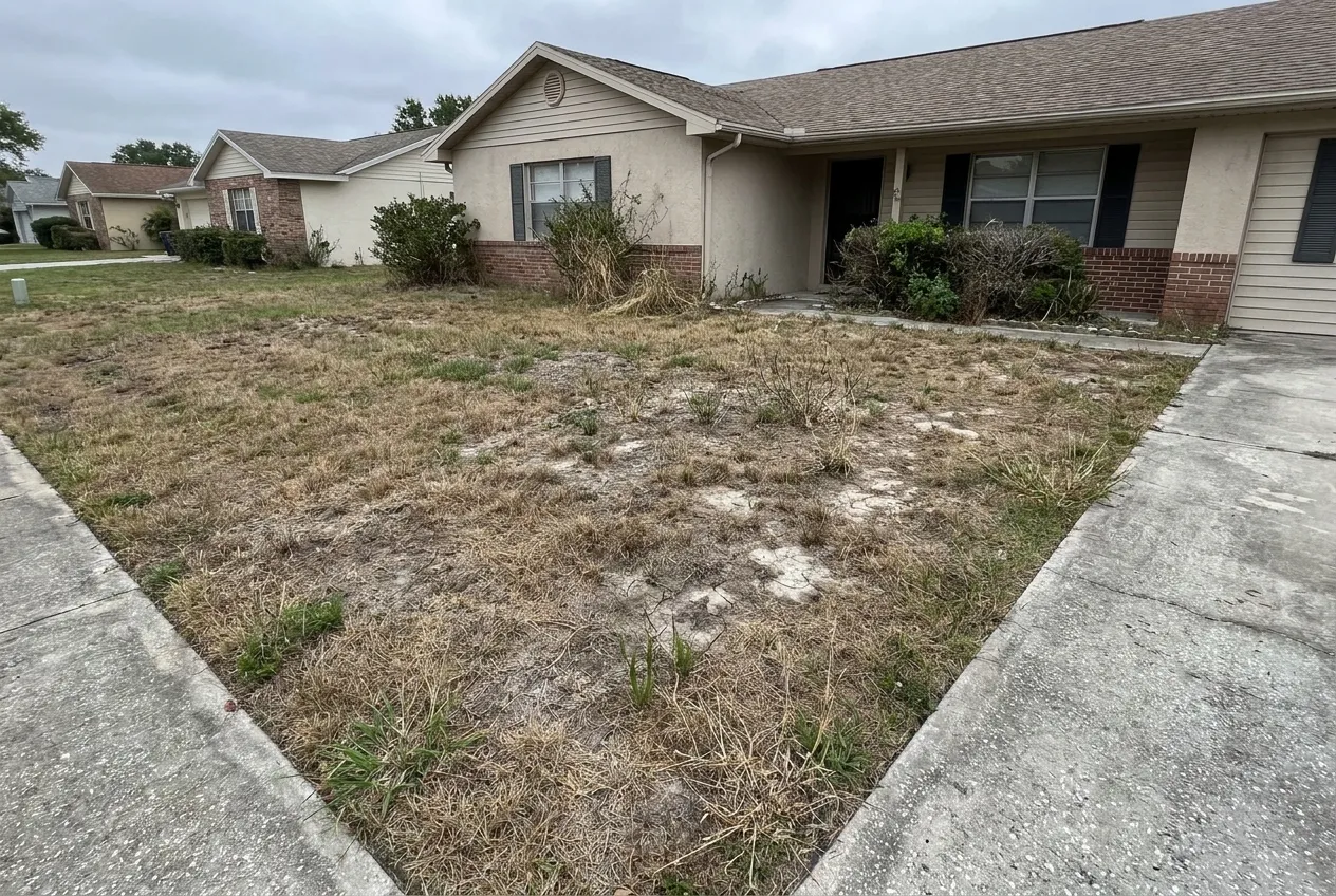 A patchy, weedy, brown front lawn in need of new sod