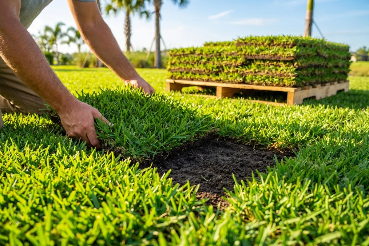 Hands lay a strip of fresh sod onto bare soil beside a stacked pallet of grass, with palm trees behind.